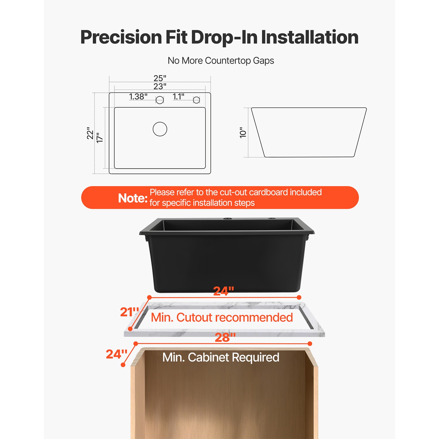 25 Inch Granite Kitchen Sink Top Mount Single Bowl Drop-In Basin For RV Bar_voghion.com